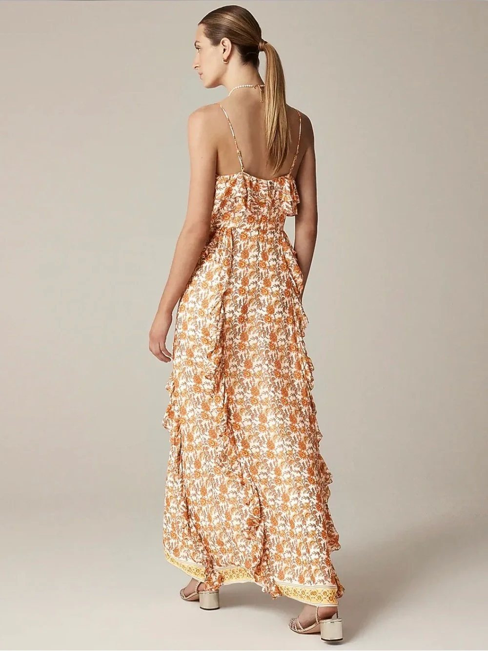 J. Crew Cascading Ruffle Maxi Dress Spaghetti Strap Paisley Print Side Slit 6